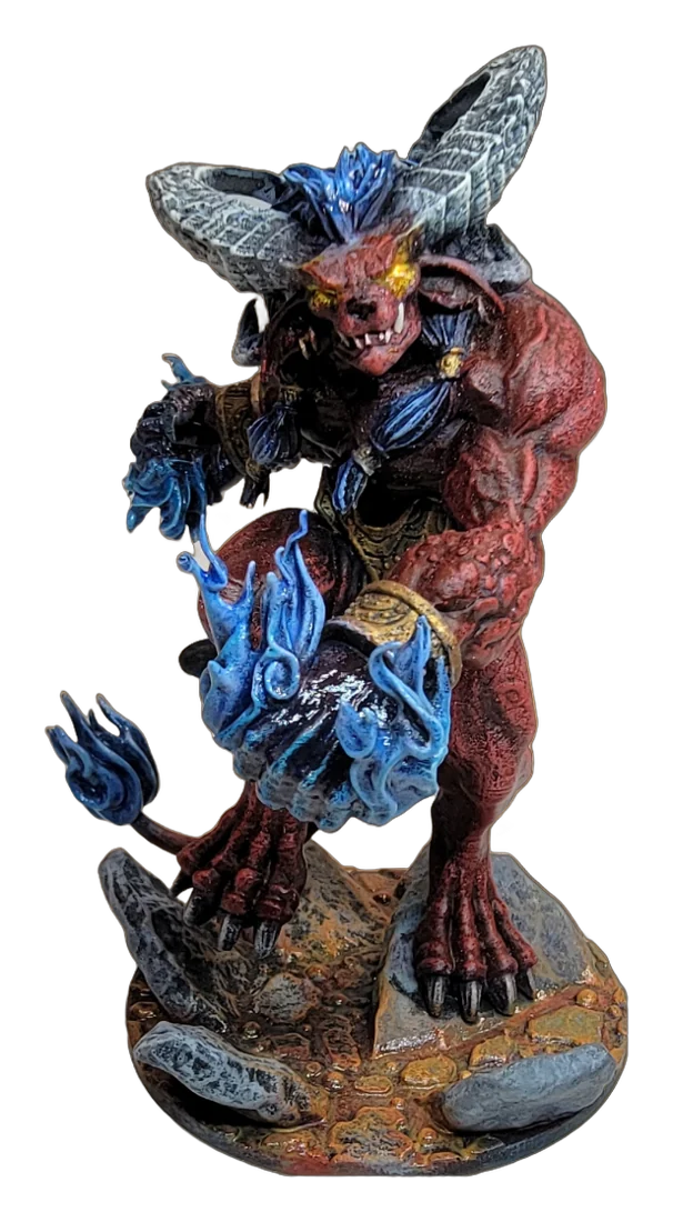 Hand painted red demon miniature with blue flames, larger miniature commission example