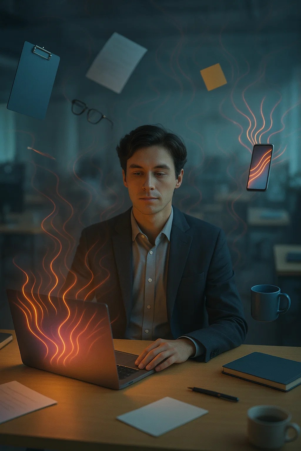 A man in a suit sits at a desk with a glowing laptop, eyes closed, as glowing waves emanate from the screen and surround floating objects like papers, glasses, a phone, clipboard, mug, and notebook in a dim office.