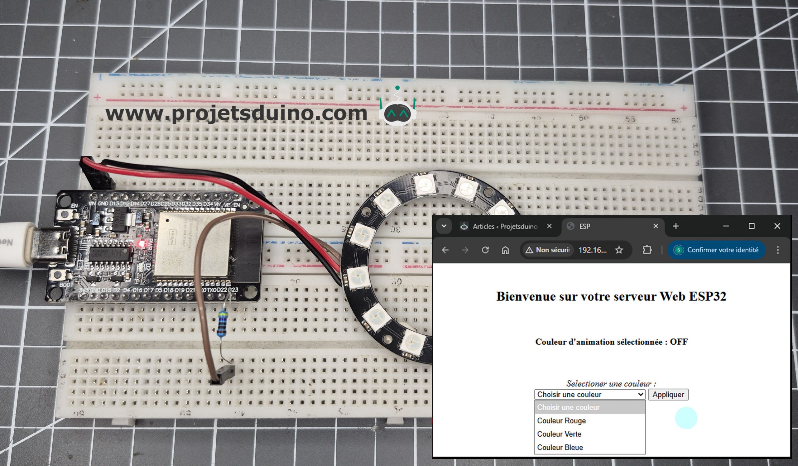 Sélectionner une couleur d’ animation RING LED RGB d’une page serveur Web ESP32