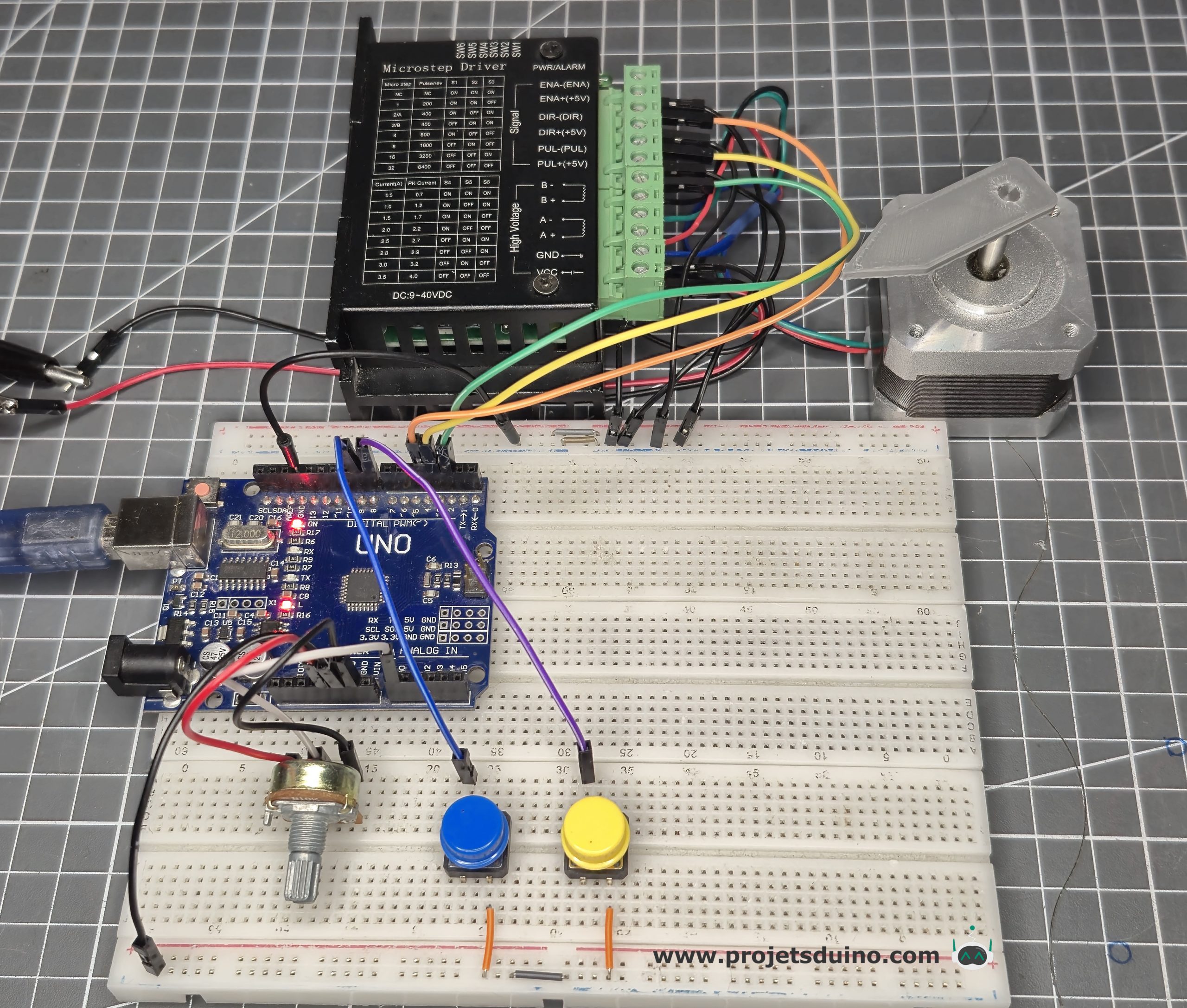 Moteur PAP + Driver TB6600 commandé par 2 boutons + variation de vitesse avec un Arduino