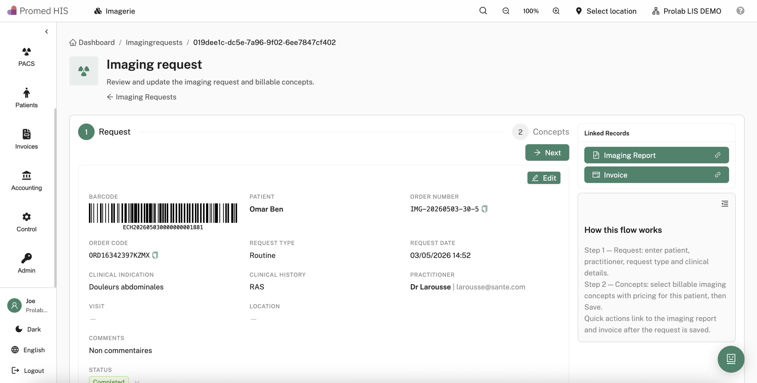 Imaging request from electronic health record
