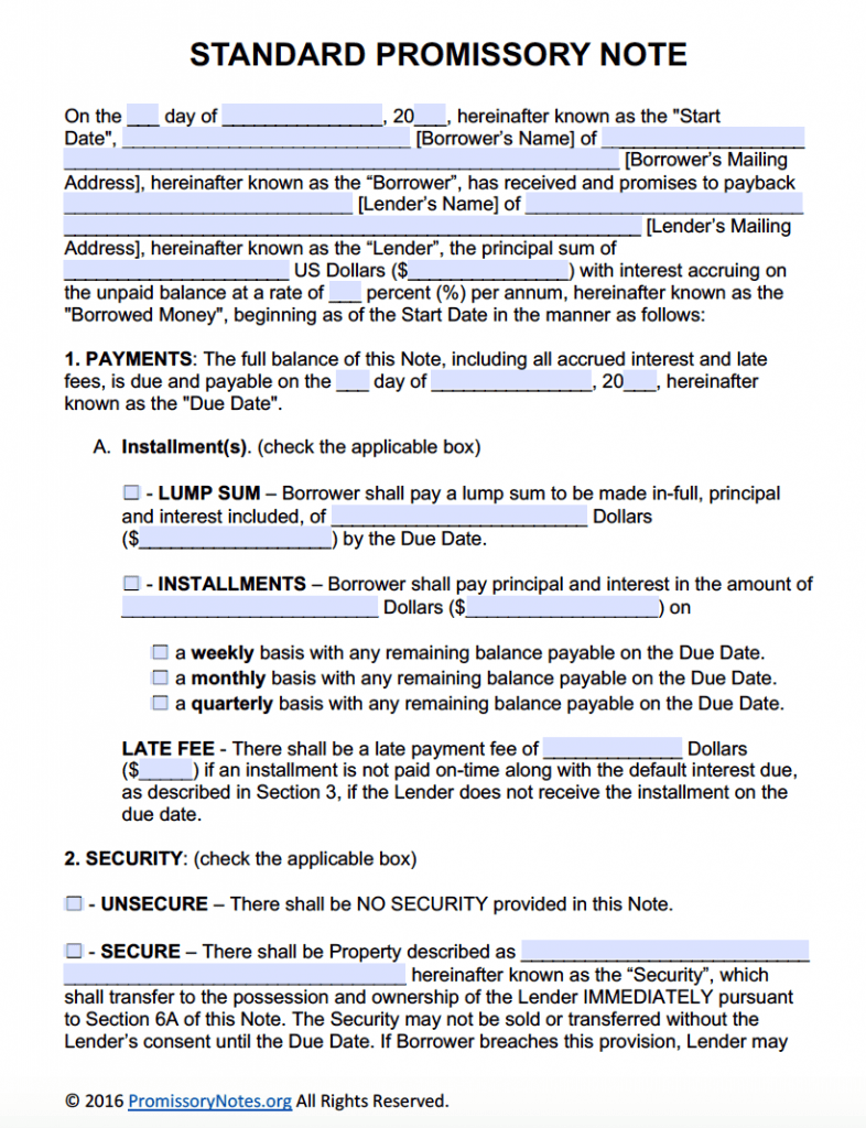 Free promissory note template