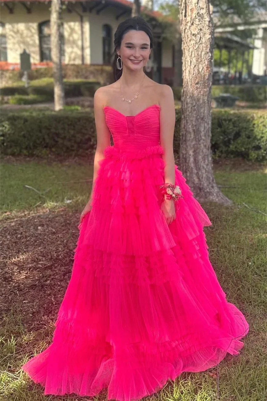 Hot Pink Sleeveless Tulle Prom Dress Prommirror