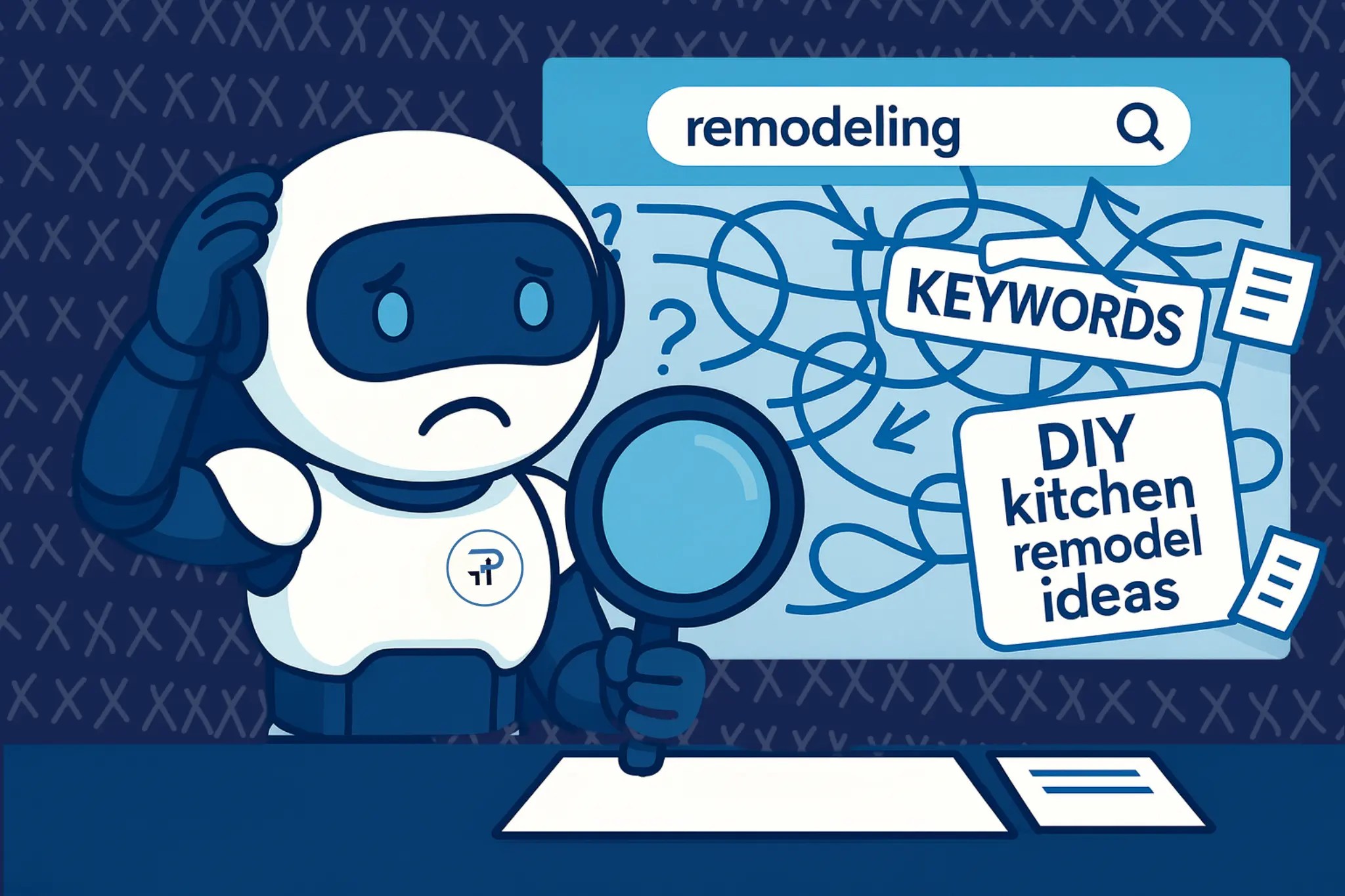Illustration of a concerned robot holding a magnifying glass, surrounded by chaotic keywords related to remodeling, including "DIY kitchen remodel ideas," emphasizing the confusion in using broad match keywords for Google Ads campaigns.