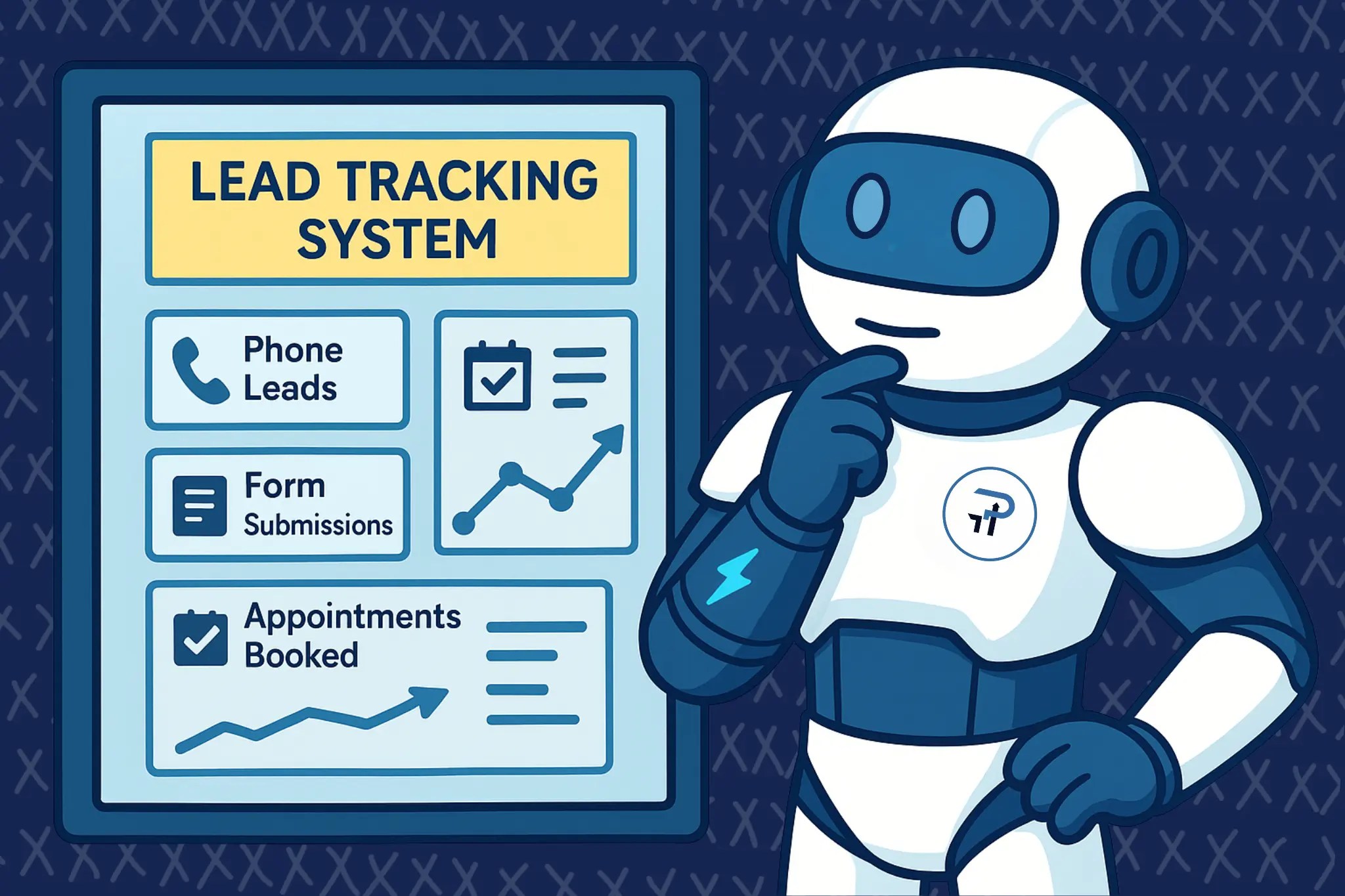 Robot character next to a digital display titled "Lead Tracking System," featuring sections for phone leads, form submissions, and appointments booked, illustrating effective conversion tracking for contractors.