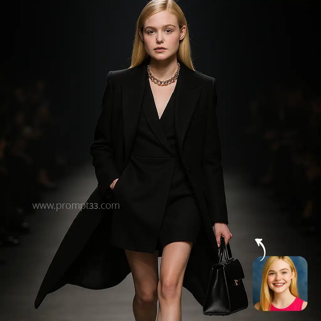 free Chat GPT Prompt for Fashion editorial portrait of a commanding runway PR160
