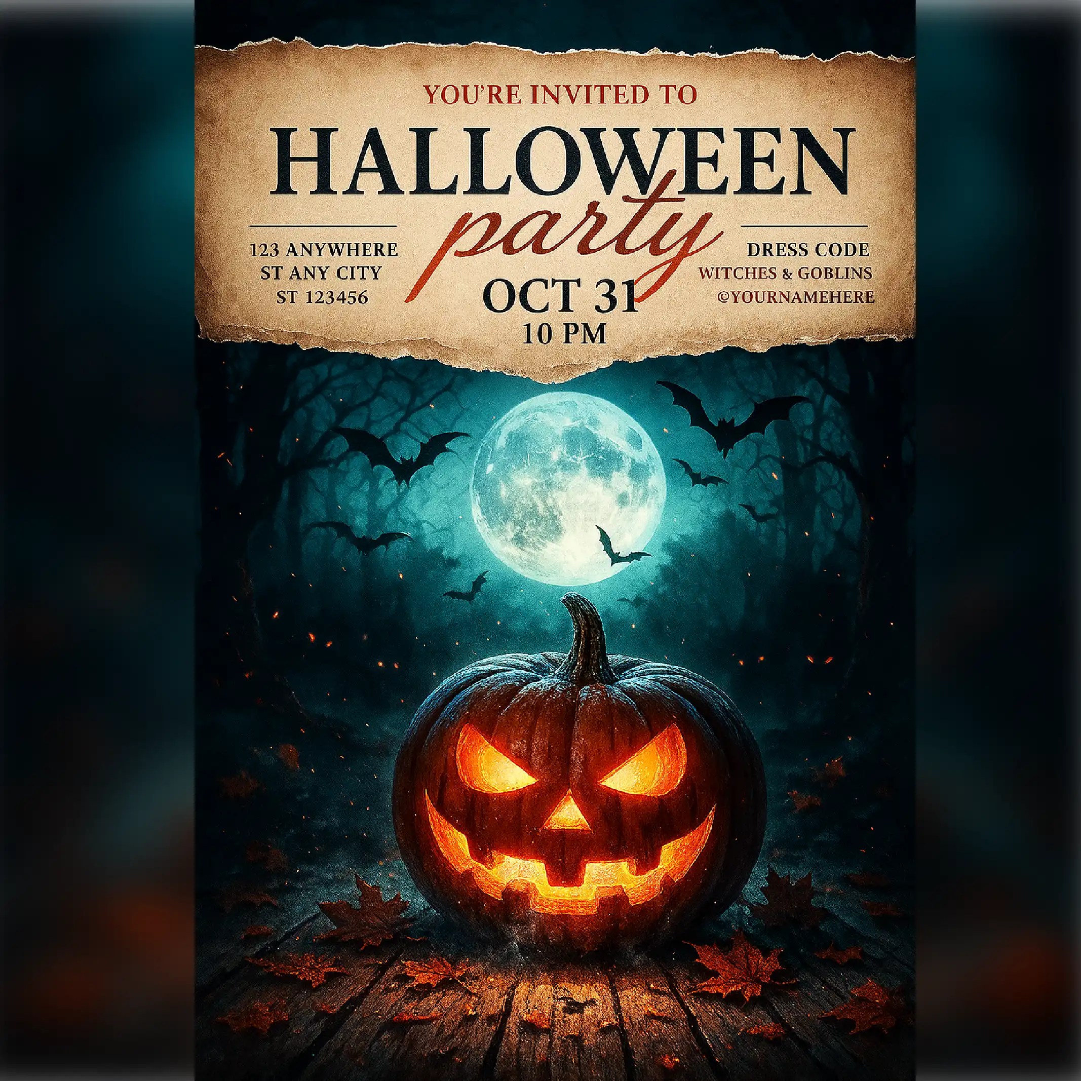 Chat GPT Prompt for hyper-realistic Halloween party poster PR206