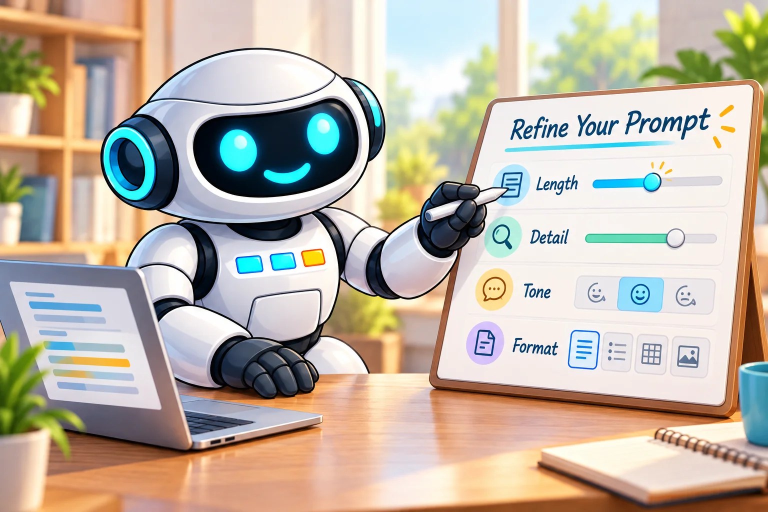 AI Prompting Made Easy robot mascot sitting at a desk with a laptop and a whiteboard that says Refine Your Prompt and options underneath for length, detail, tone, and format.