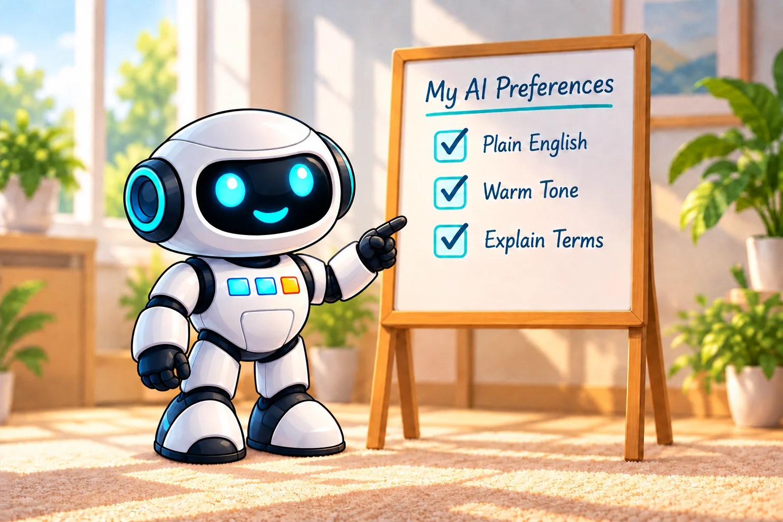 AI Prompting Made Easy robot mascot pointing at a white board that says My AI Preferences - plain English, warm tone, explain terms.