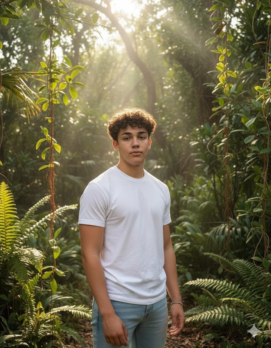 AI Photoshoot: Ethereal Man in Lush Greenery, Dreamy Light