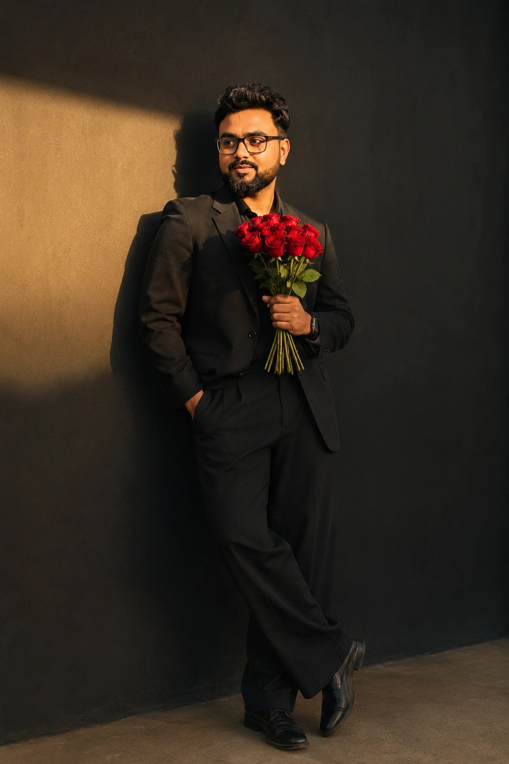 AI-generated prompt result for Cinematic Portrait of Young Man in Black Suit with Roses
