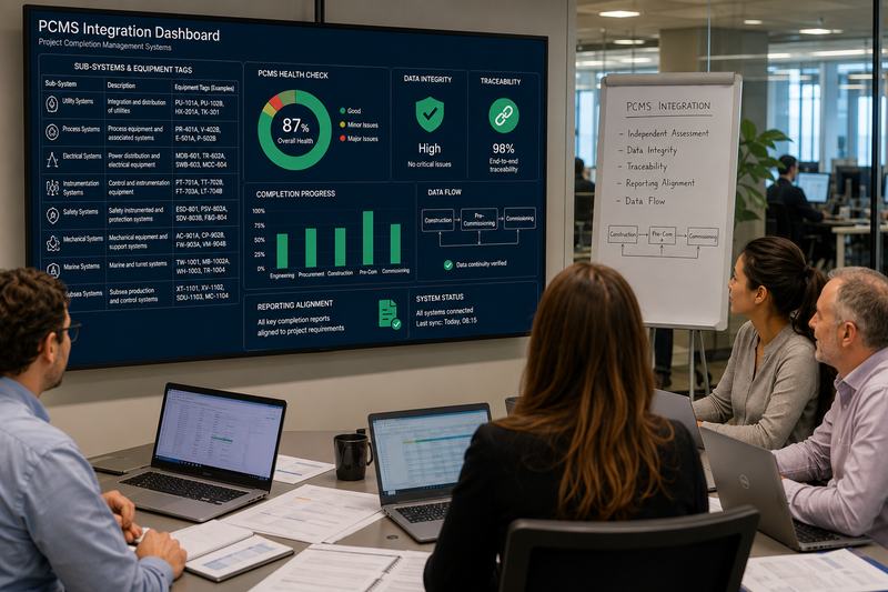 Project team reviewing a PCMS health-check dashboard