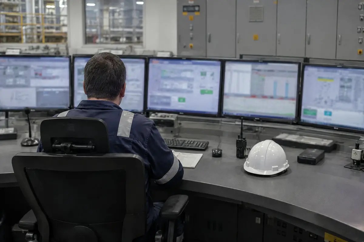 Control room operator monitoring verified commissioning readiness across subsystem displays