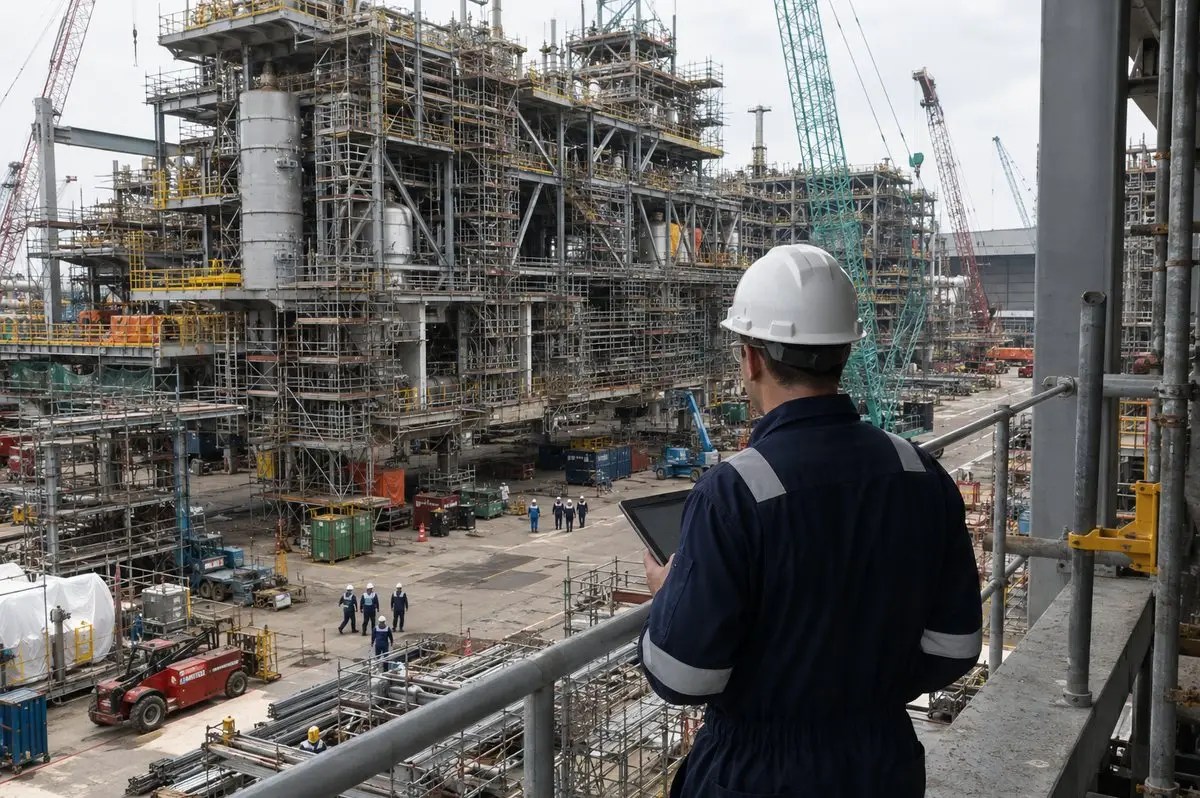 Completion technician overseeing installation progress across a congested process plant under construction