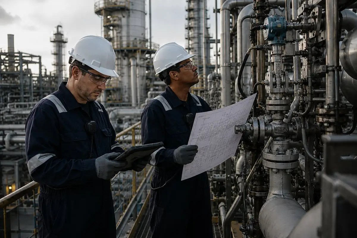 Completion engineers on a field walkdown reviewing a drawing