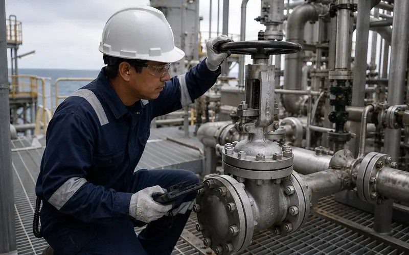 Completion technician verifying a valve during subsystem walkdown on an offshore process module