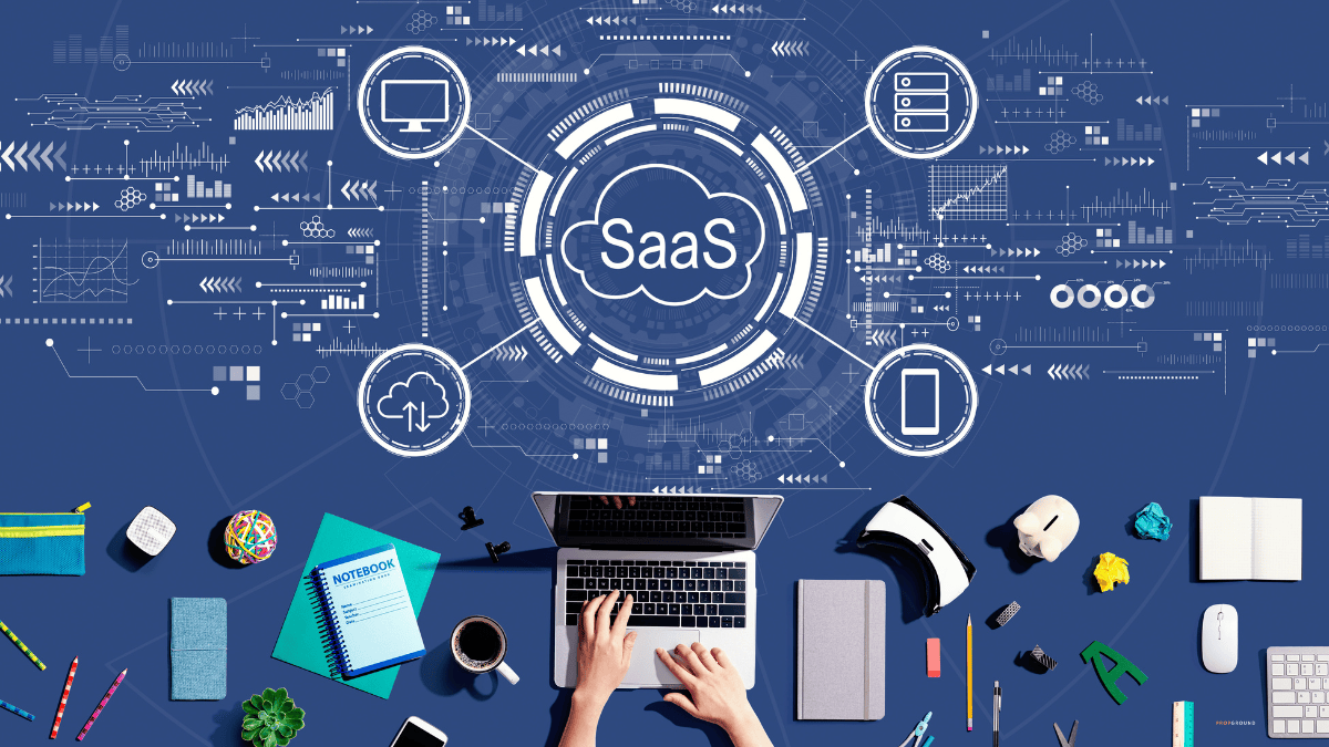 Person using a laptop surrounded by SaaS software, cloud technology, and digital workflow icons.