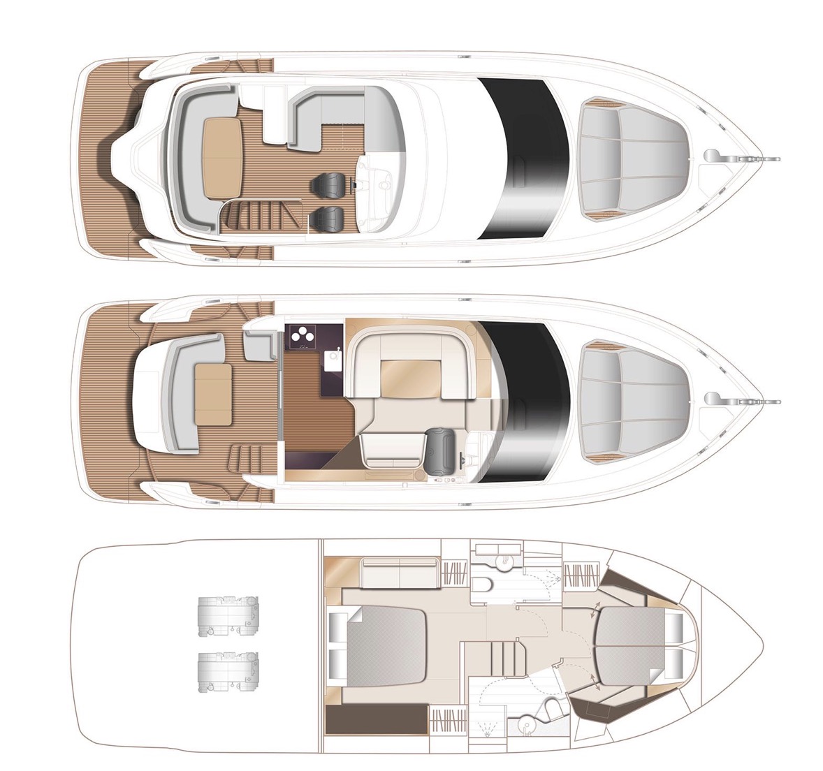 Top-to-bottom layout of a luxury yacht showing exterior deck and cabin areas from above, including cockpit, lounge, and helm.