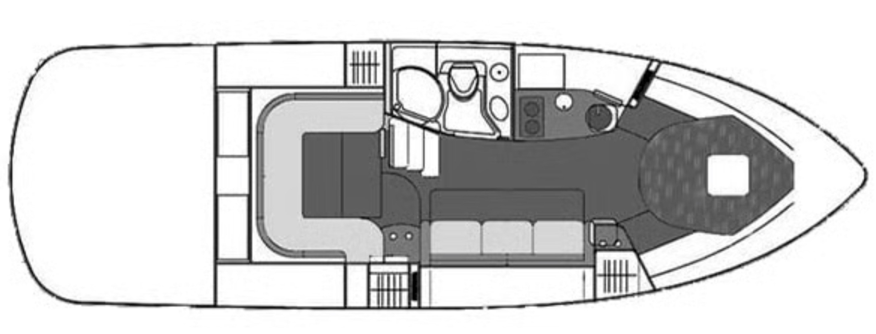 Top-down schematic of a vehicle interior showing cockpit, seating area, and rear cabin on a single deck passageiros layout (informational diagram).