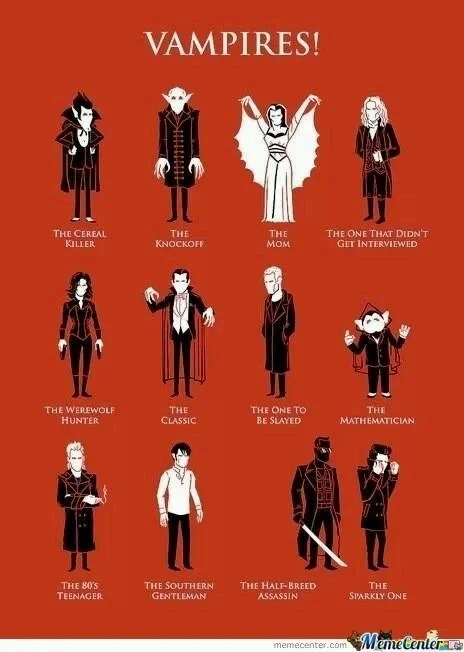 Various different portrayals of vampires from pop culture, each labelled. From the cereal killer with Count Chocula to the Half-Breed Assassin with Blade.