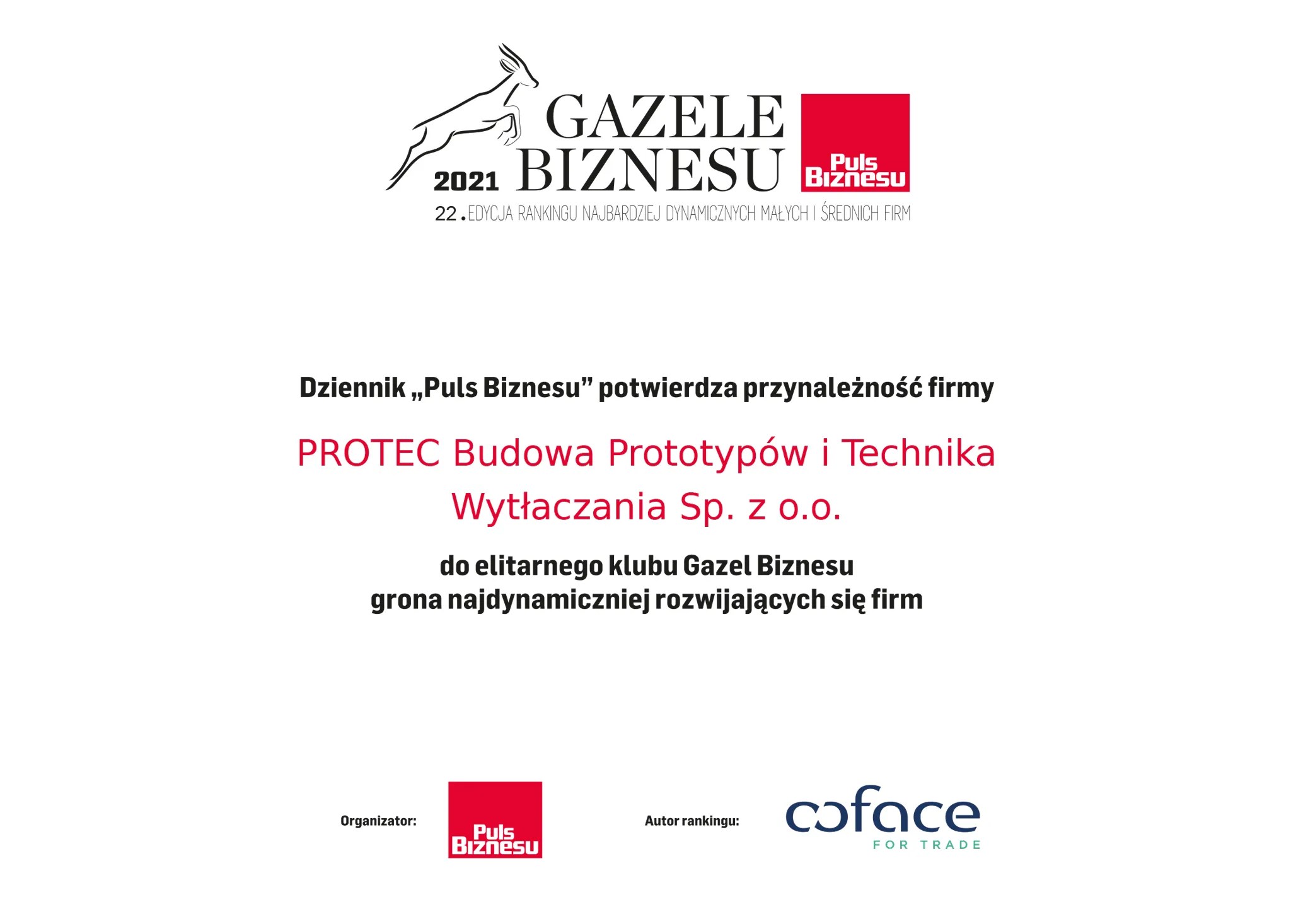 Protec Sp. z o.o. zakwalifikował się do elitarnego klubu Gazel Biznesu! - PROTEC