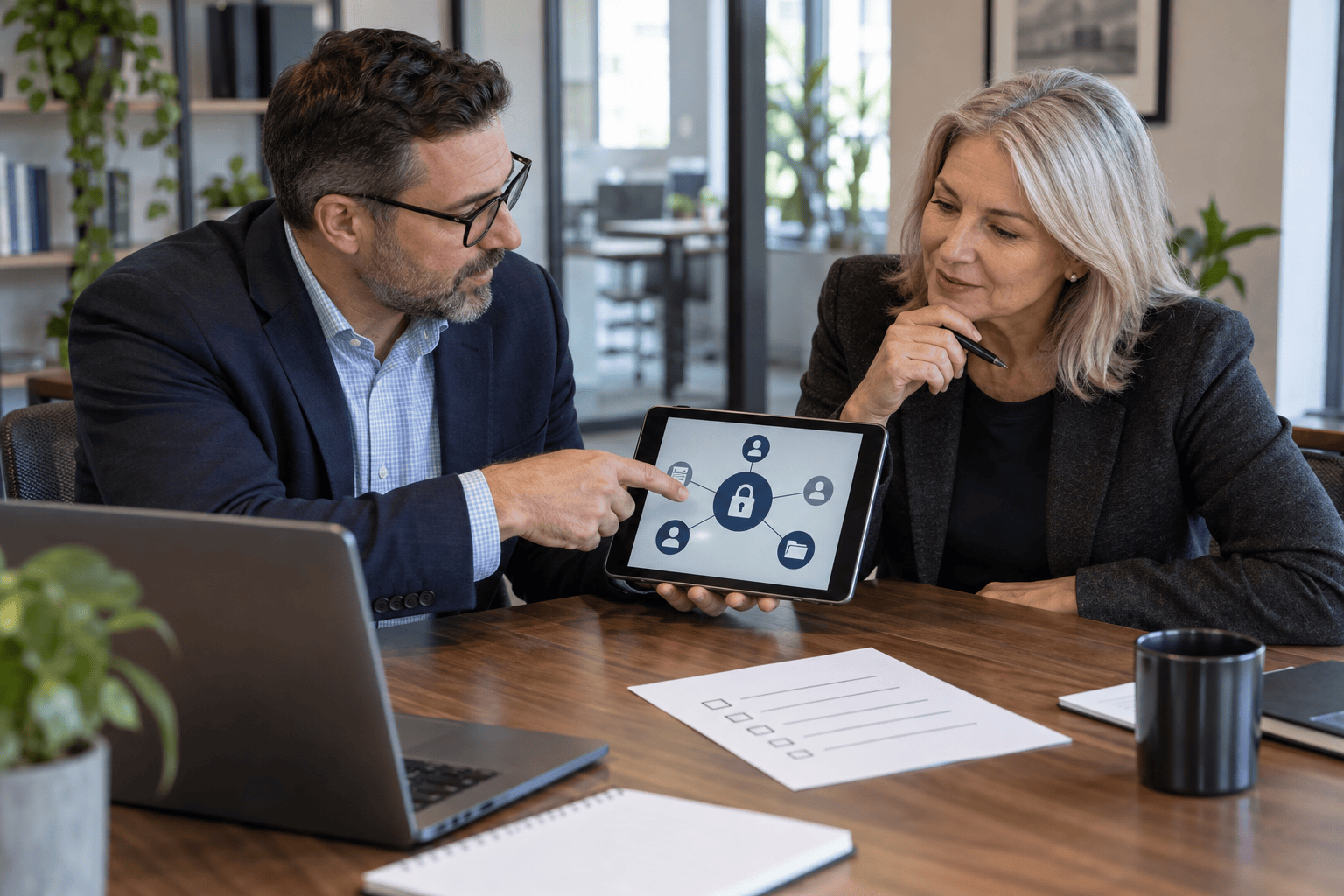 Business owner and security consultant reviewing AI access controls.