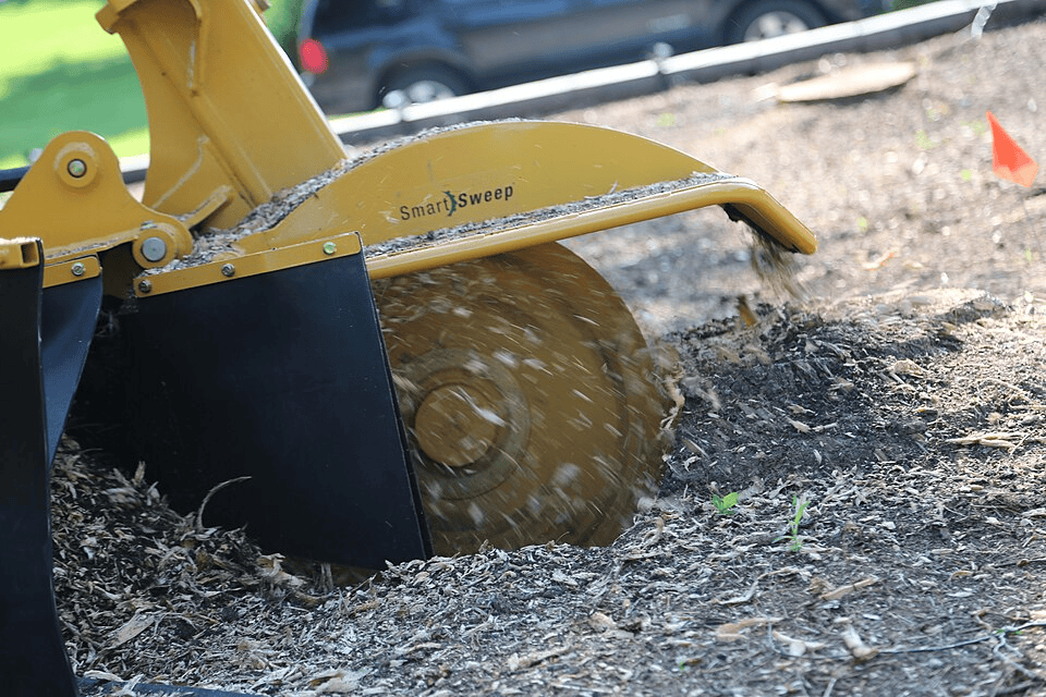 A stump grinder removes a large tree stump from ground