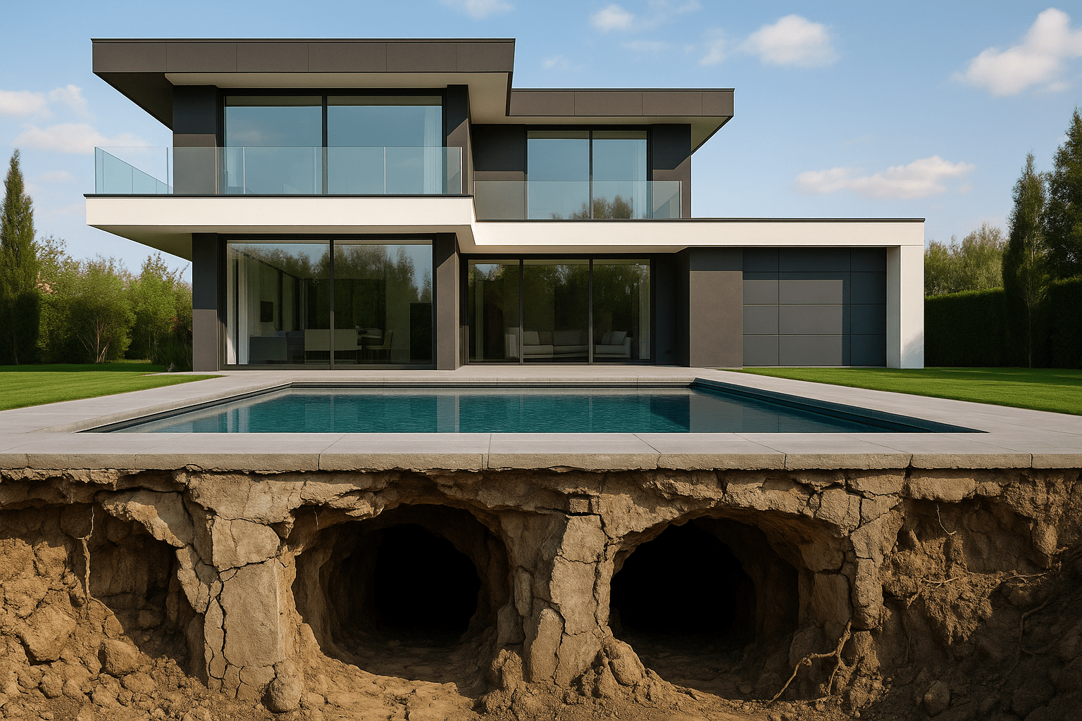 Villa moderna con piscina costruita sopra tunnel sotterranei instabili: metafora delle aziende che investono in AI e SEO senza basi solide