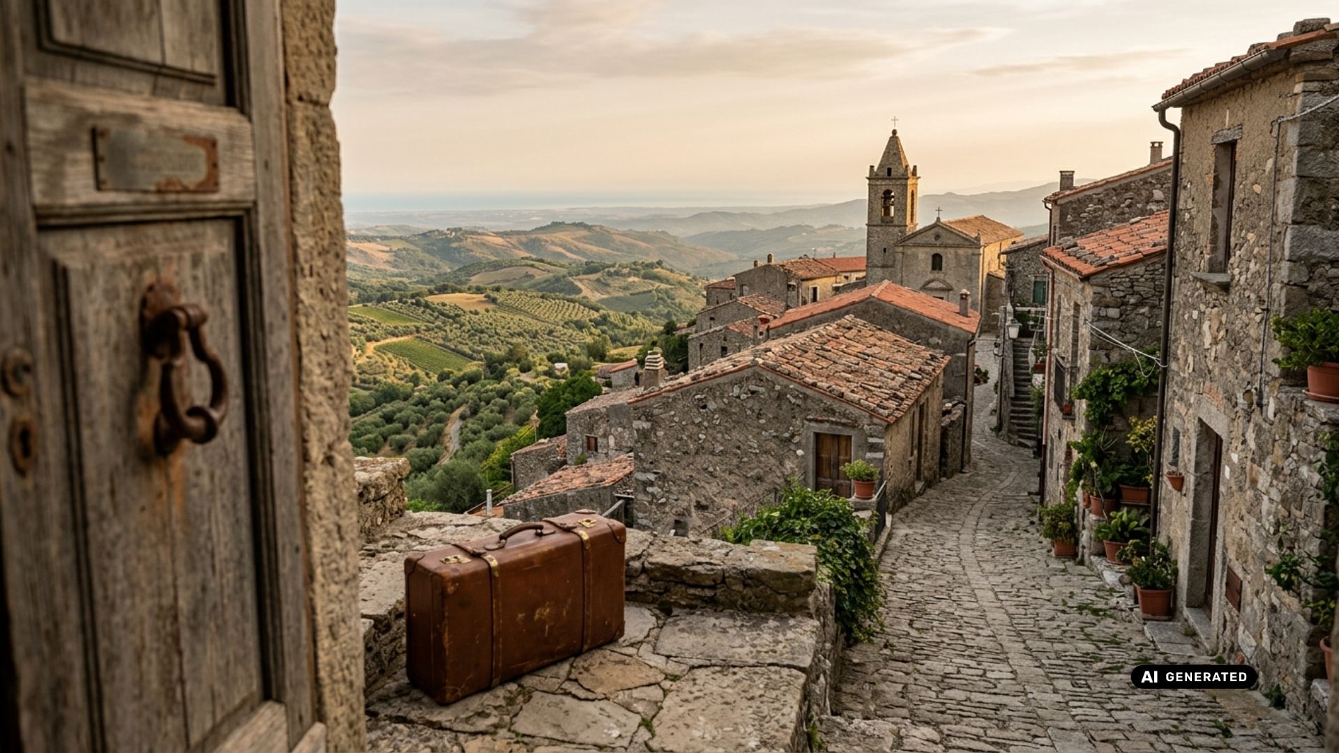 Borgo dell'entroterra calabrese all'alba con vecchia porta in legno e valigia sulla soglia, simbolo del viaggio di ritorno del turismo delle radici.