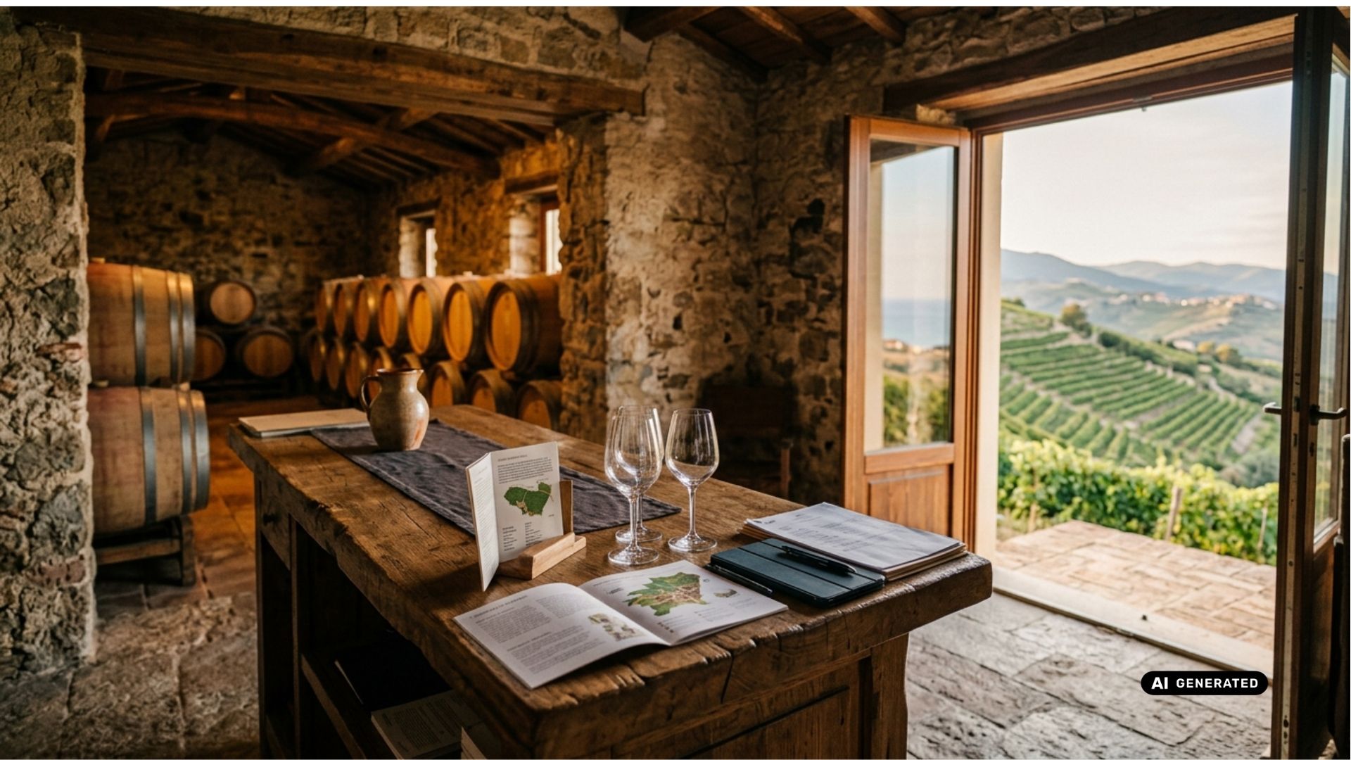 Sala degustazione di una cantina calabrese con banco in legno, calici e materiale informativo, vigneti terrazzati visibili dalla porta aperta. Immagine generata con intelligenza artificiale.