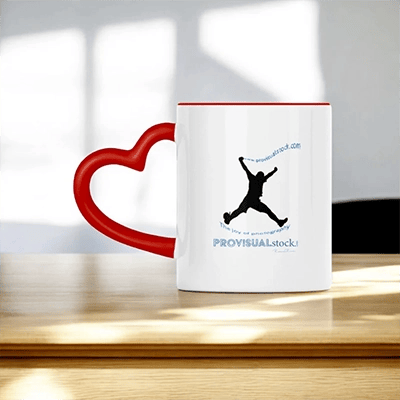Red heart-shaped handle mug with ProVisualStock logo, a product form the store