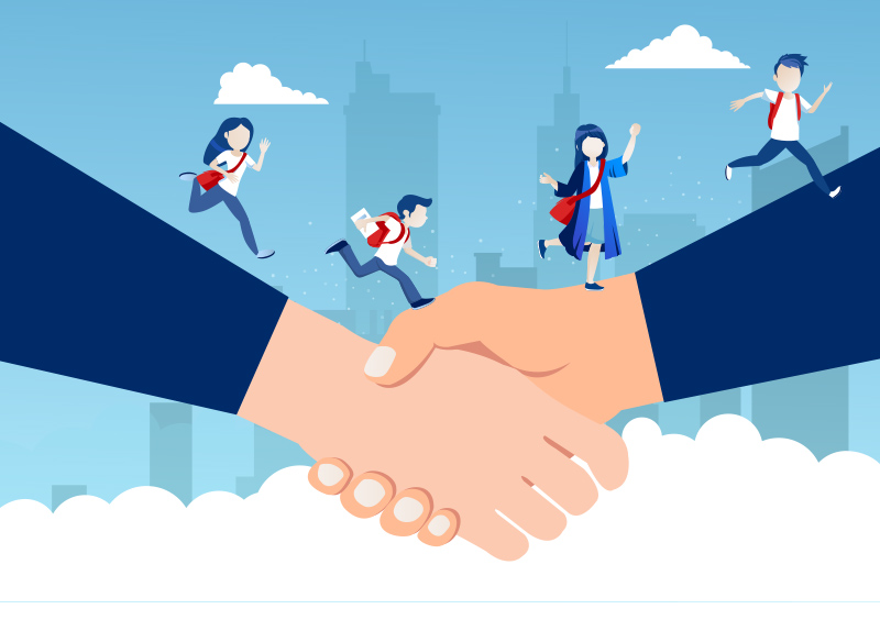 large shaking hands with children using arm as a bridge