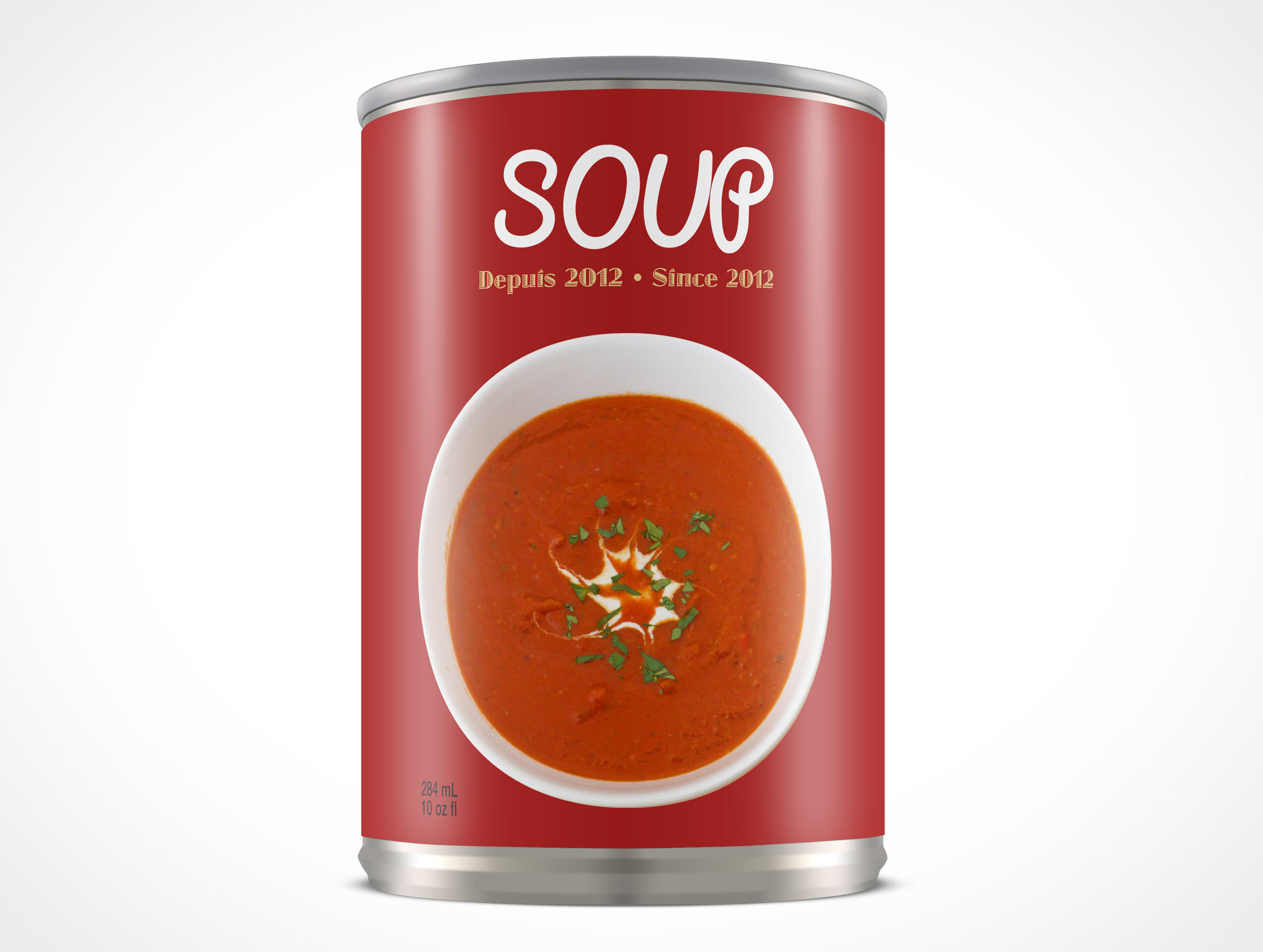 Picture Can008 is a 284ml can of soup with the camera above the can looking down at 30°. Can Mockup Low Angle Front View In Can Catalog