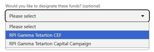Donation form showing the fund designation dropdown with RPI Gamma Tetarton CEF selected