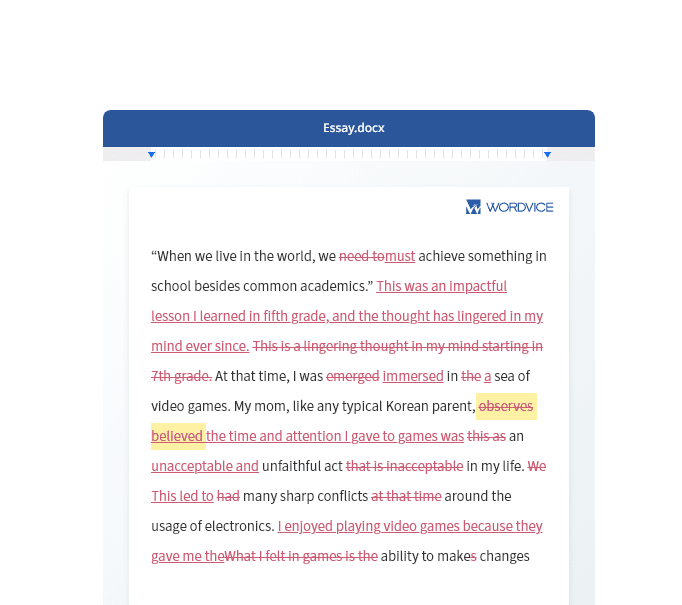 The app highlights lengthy, complex sentences and common errors; Application Essay Editing Services Wordvice