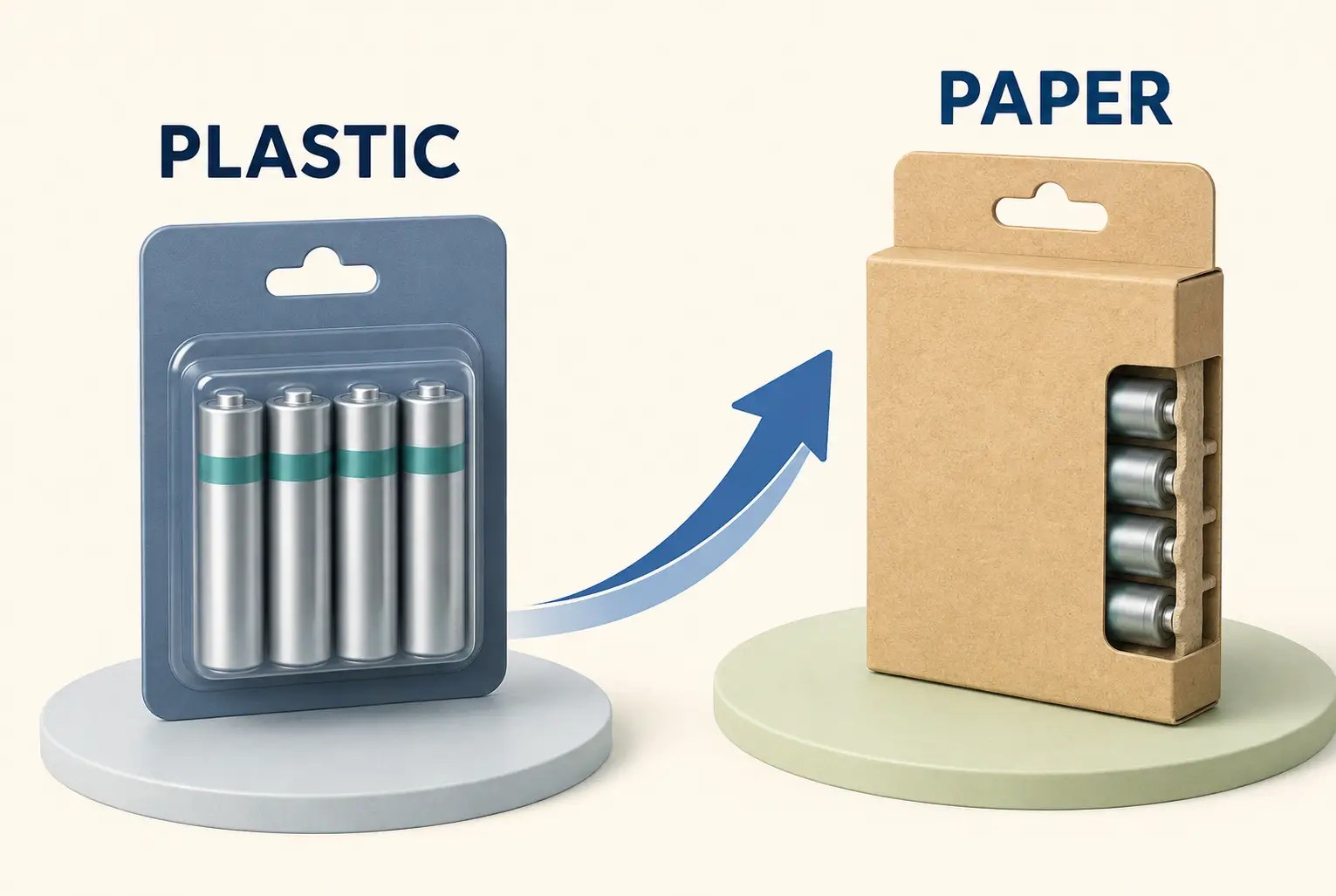 Duracell battery pack shown twice: the original plastic blister pack, and the all-paper pack that replaced it