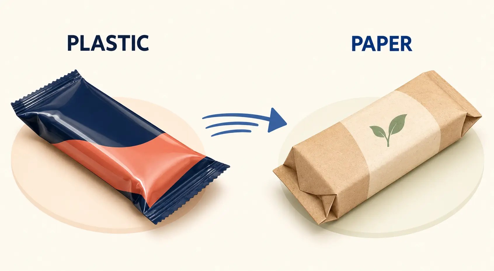 Marks & Spencer Vanilla Fudge Bar shown twice: the original plastic film wrap on the left, and the paper-based wrap that replaced it on the right, carrying a recycling label