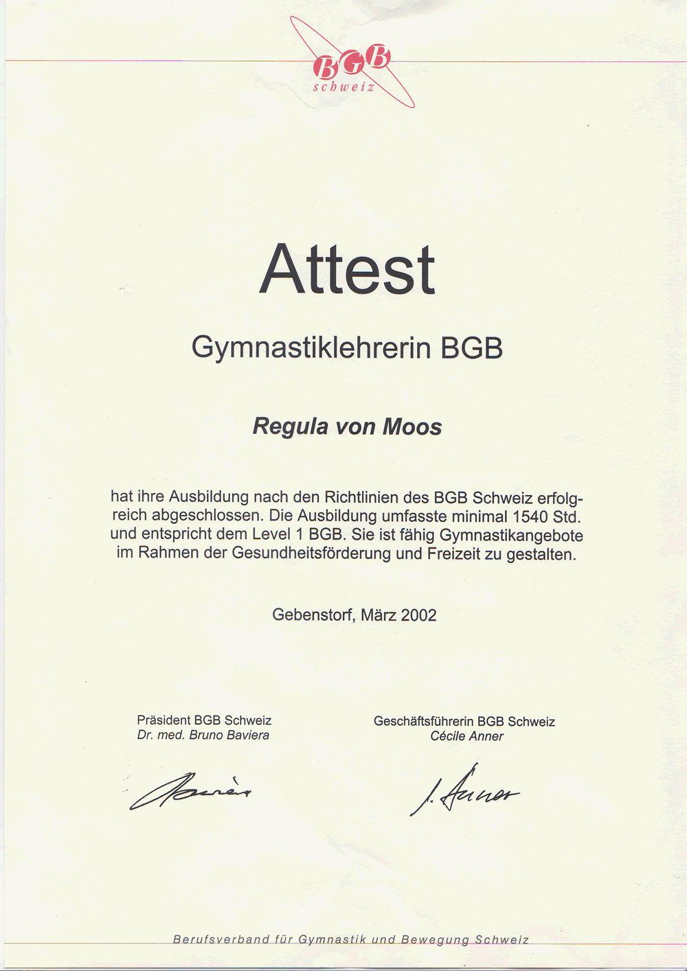 Attest Gymnastiklehrerin BGB