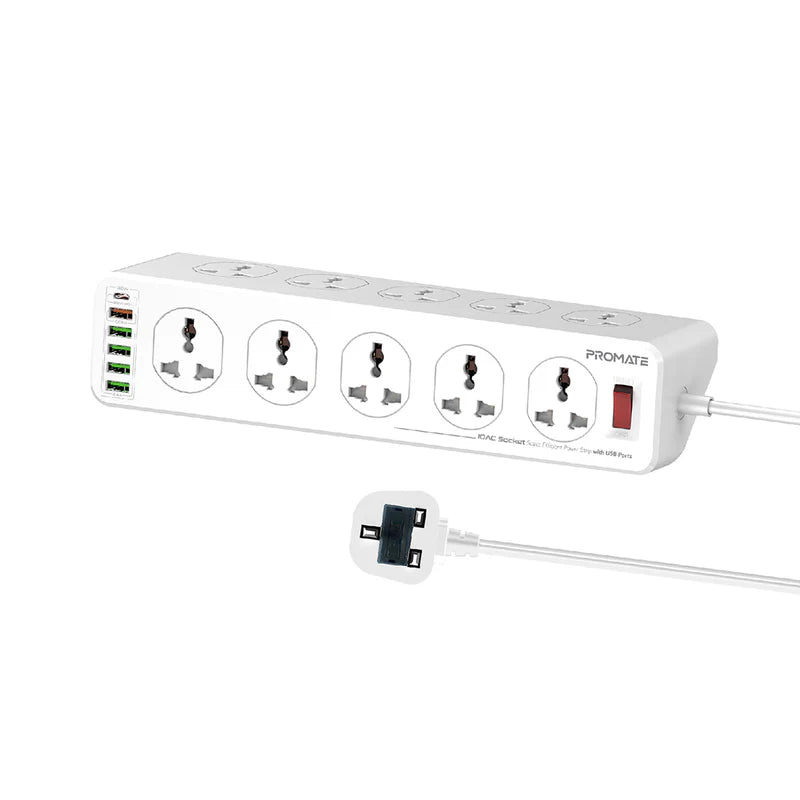 Promate 10AC Socket Space Efficient Power Strip with USB Ports - 5M