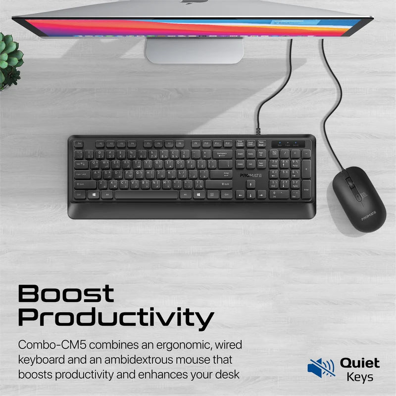 Promate combo-cm5 Ergonomic Wired Slim Keyboard with Palm Rest and 2400 DPI Mouse
