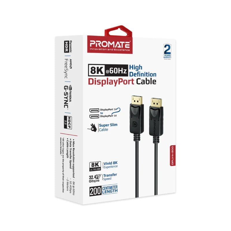 Promate 8K@60Hz DisplayPort Cable • DisplayPort 1.4 • 32.4Gbps Bandwidth • Dynamic HDR • 3m Length - 2M