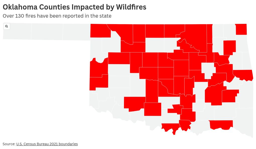 Map Shows Impacted Counties As Over 130 Fires Blaze Across Oklahoma Thumbnail