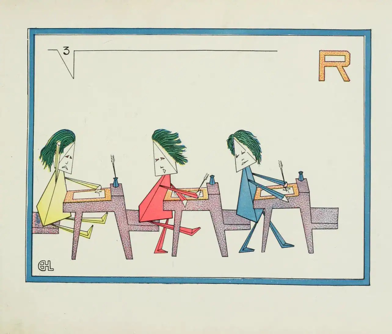 Color illustration of three students sitting in classroom desks, two looking behind them at a third. Their heads, bodies, arms, and legs are composed of separate pyramidal forms, and their hair is green. There is a capital “R” in the righthand corner.
