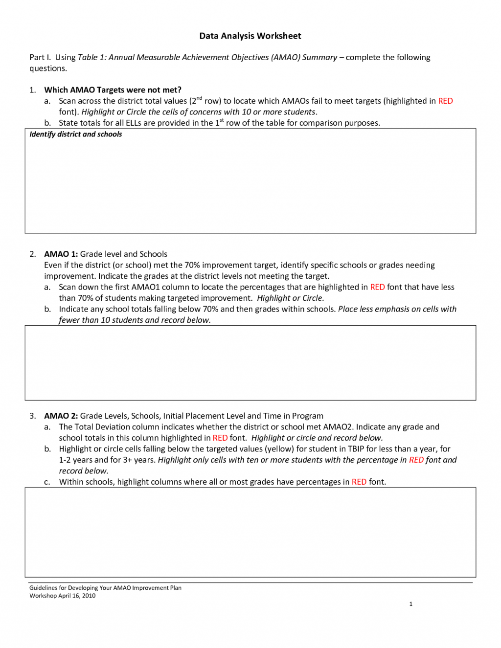 Data analysis worksheet
