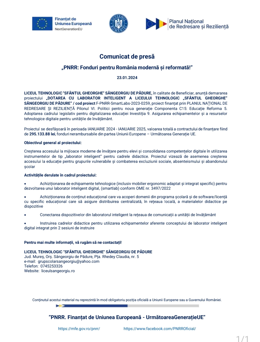 „PNRR: Fonduri pentru România modernă și reformată!”