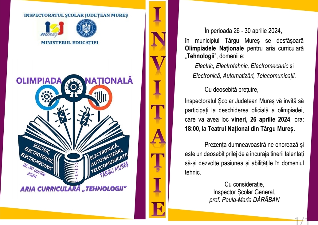 Olimpiadele Naționale pentru aria curriculară „Tehnologii” vor avea loc la Târgu Mureș