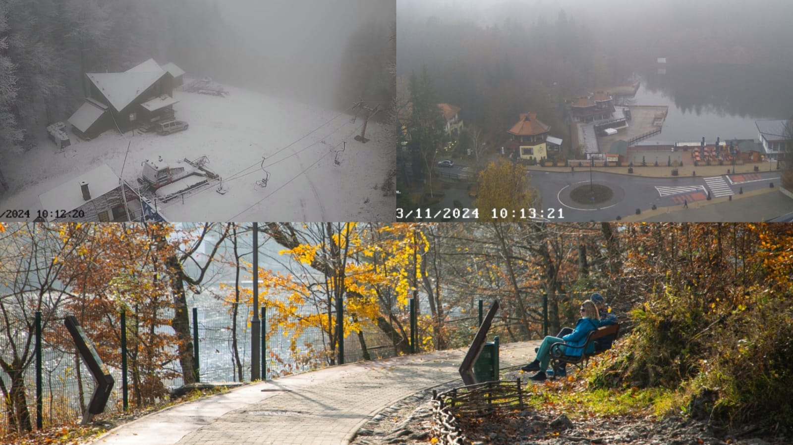 (Foto) Zăpada s-a așternut pe pârtia de schi de la Sovata iar Lacul Ursu a îmbrăcat haine de toamnă