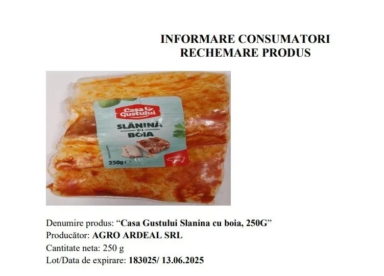 Slănină cu boia contaminată cu Listeria, retrasă din magazinele Penny