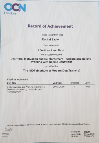 OCR Level 3 Learning, Motivateion & Reinforcement Understanding and Working With Canine Behaviour Certificate