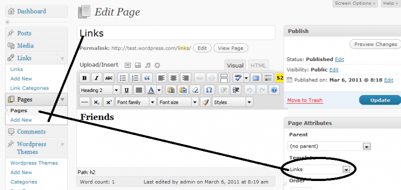 create links template page in wordpress